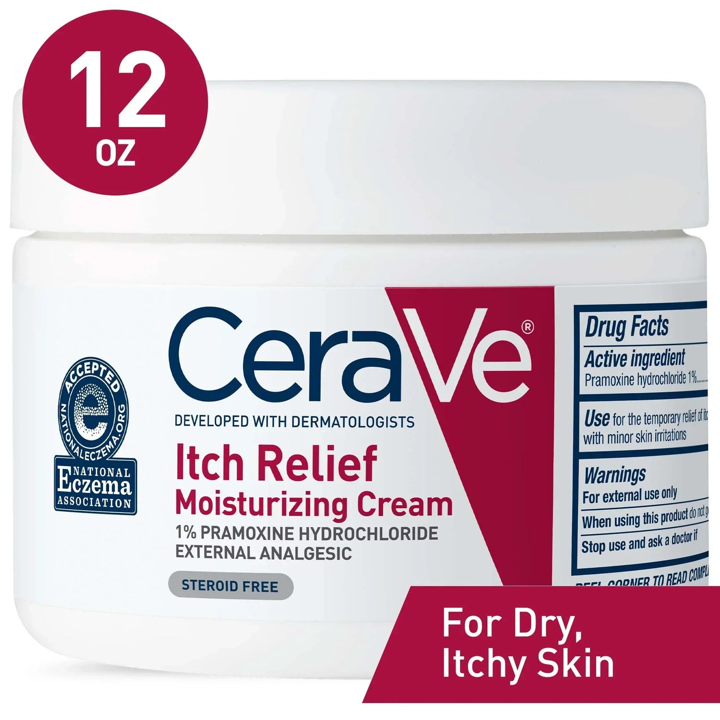 CeraVe Itch Relief Cream (12 fl. oz.) - Steroid-Free Treatment for Dry, Itchy Skin Relief